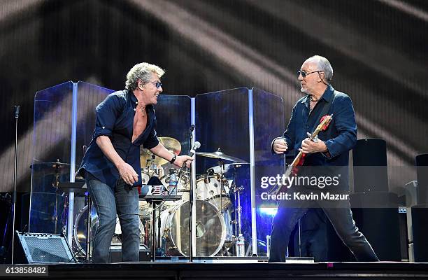 Musicians Roger Daltrey and Pete Townshend of The Who perform onstage during Desert Trip at The Empire Polo Club on October 9, 2016 in Indio,...