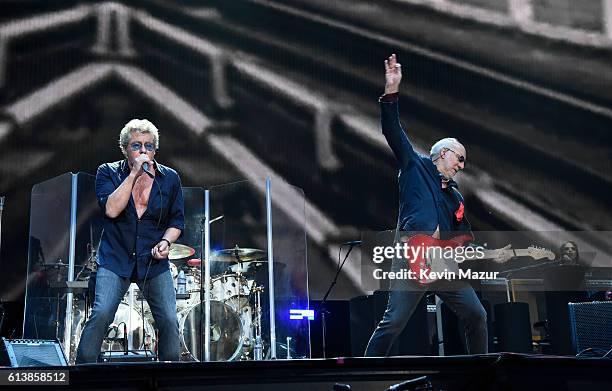 Musicians Roger Daltrey and Pete Townshend of The Who perform onstage during Desert Trip at The Empire Polo Club on October 9, 2016 in Indio,...