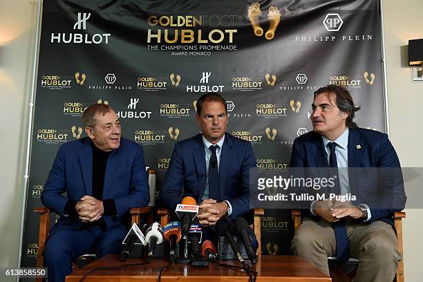 Antonio Caliendo, Frank de Boer and Pierluigi Pardo attend a press conference during the Golden Foot 2016 Award Ceremony on October 11, 2016 in...