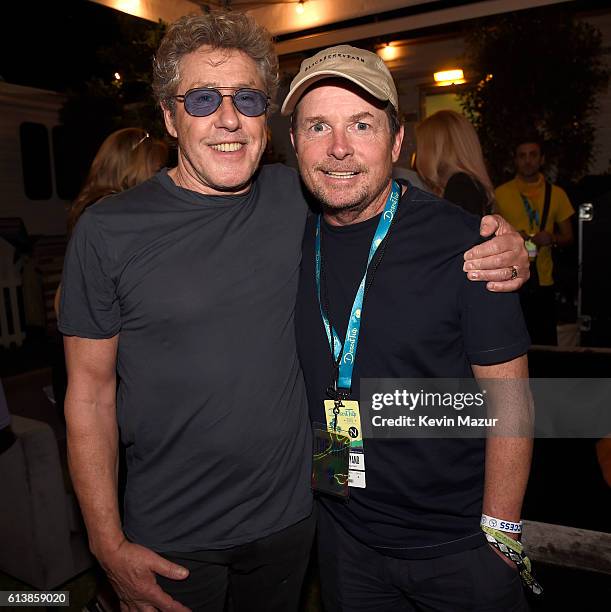 Musician Roger Daltrey of The Who and actor Michael J. Fox attend Desert Trip at The Empire Polo Club on October 9, 2016 in Indio, California.