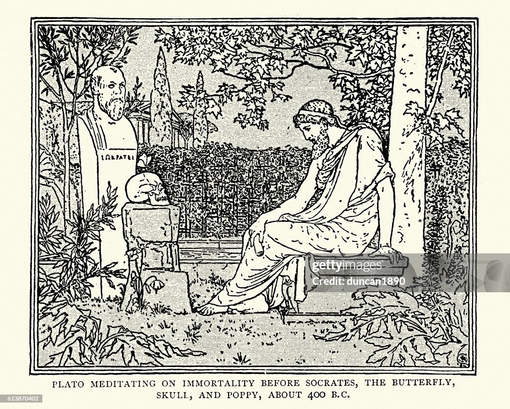 Platão meditando sobre a imortalidade diante de Sócrates