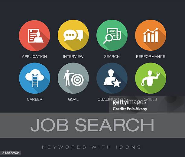 ilustraciones, imágenes clip art, dibujos animados e iconos de stock de palabras clave de búsqueda de empleo con iconos - job search
