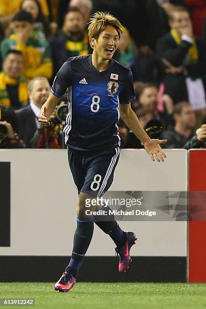 Genki Haraguchi of Japan celebrates his goal during the 2018 FIFA World Cup Qualifier match between the Australian Socceroos and Japan at Etihad...