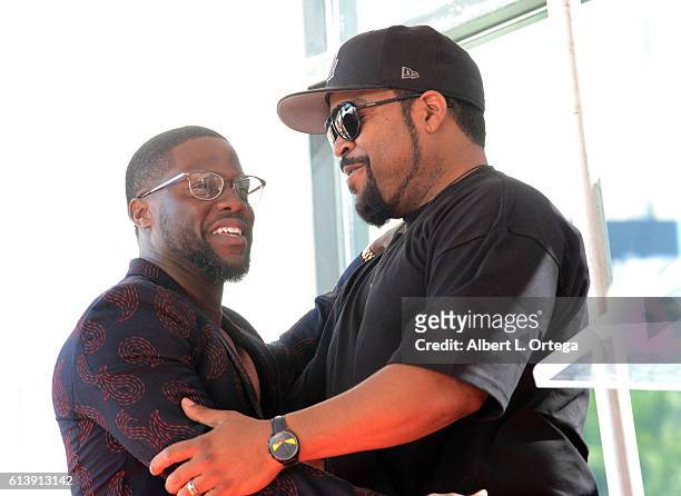Actor Kevin Hart and actor/rapper Ice Cube at the Kevin Hart Star Ceremony On The Hollywood Walk Of Fame held on October 10, 2016 in Hollywood,...