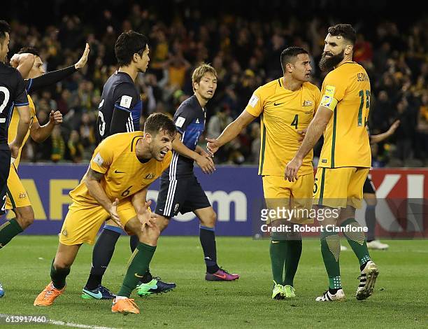 Matthew Spiranovic of Australia reacts after missing a shot on goal during the 2018 FIFA World Cup Qualifier match between the Australian Socceroos...
