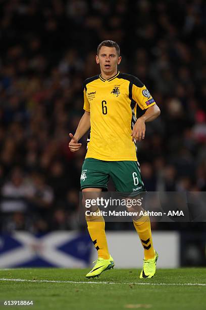 Mindaugas Grigaravicius of Lithuania during the FIFA 2018 World Cup Qualifier between Scotland and Lithuania at Hampden Park on October 8, 2016 in...