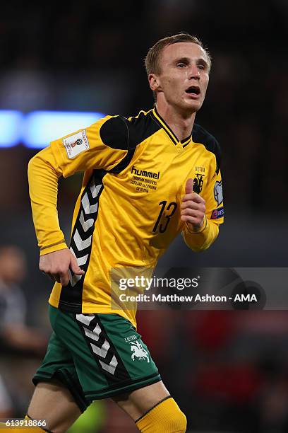 Karolis Chvedukas of Lithuania during the FIFA 2018 World Cup Qualifier between Scotland and Lithuania at Hampden Park on October 8, 2016 in Glasgow,...