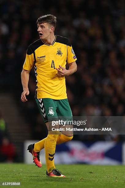 Edvinas Girdvainis of Lithuania during the FIFA 2018 World Cup Qualifier between Scotland and Lithuania at Hampden Park on October 8, 2016 in...