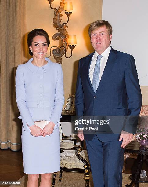 Catherine, Duchess of Cambridge meets King Willem Alexander of the Netherlands at Villa Eikenhorst on October 11, 2016 in The Hague, Netherlands.