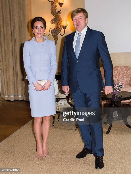 Catherine, Duchess of Cambridge meets King Willem Alexander of the Netherlands at Villa Eikenhorst on October 11, 2016 in The Hague, Netherlands.