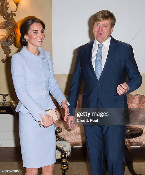 Catherine, Duchess of Cambridge meets King Willem Alexander of the Netherlands at Villa Eikenhorst on October 11, 2016 in The Hague, Netherlands.