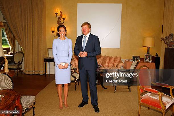 Catherine, Duchess of Cambridge meets King Willem Alexander of the Netherlands at Villa Eikenhorst on October 11, 2016 in The Hague, Netherlands.