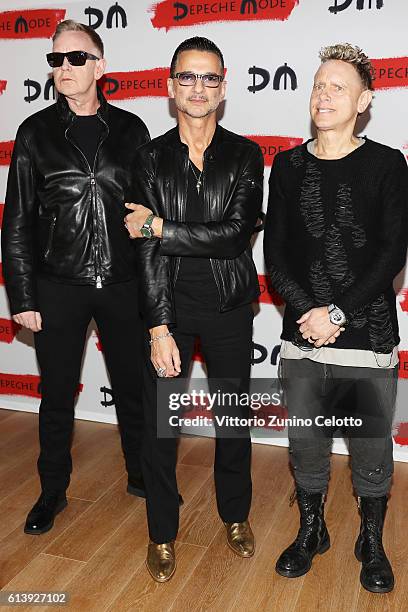 Depeche Mode attend a photocall to launch the Global Spirit Tour on October 11, 2016 in Milan, Italy.