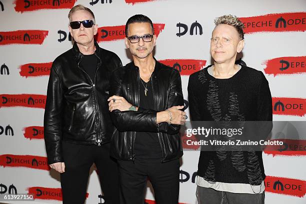 Depeche Mode attend a photocall to launch the Global Spirit Tour on October 11, 2016 in Milan, Italy.