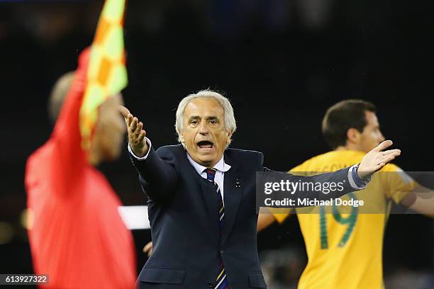 Japan head coach Vahid Halilhodzic disputes a decision with the referee during the 2018 FIFA World Cup Qualifier match between the Australian...