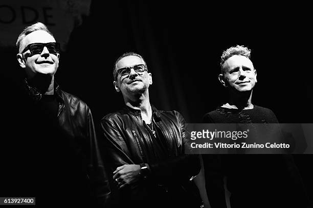 Depeche Mode attend a photocall to launch the Global Spirit Tour on October 11, 2016 in Milan, Italy.