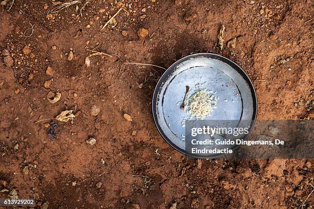 plate with some rice and chicken bones on dry african earth - hungry stock-fotos und bilder