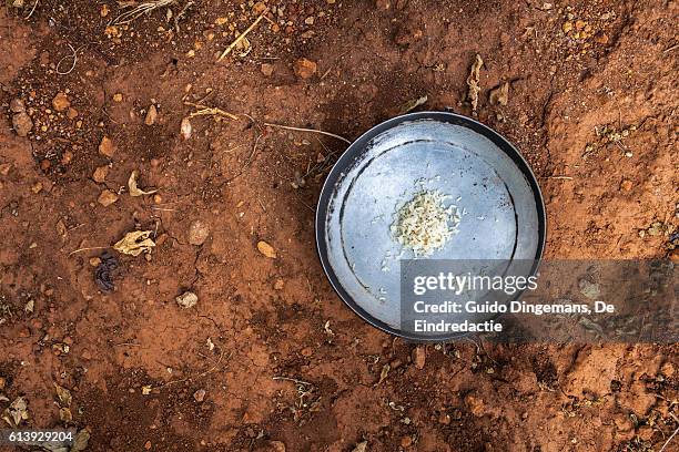 plate with some rice on dry african soil - un food and agriculture organization stockfoto's en -beelden