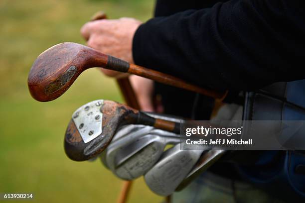Close-up view of a set of hickory clubs as golfers take part in this years World Hickory Open on October 11, 2016 in Carnoustie, Scotland. The 2016...