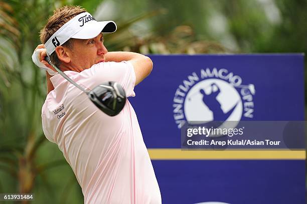 Ian Poulter of England plays a shot during practice for the 2016 Venetian Macao Open at Macau Golf and Country Club on October 11, 2016 in Macau,...