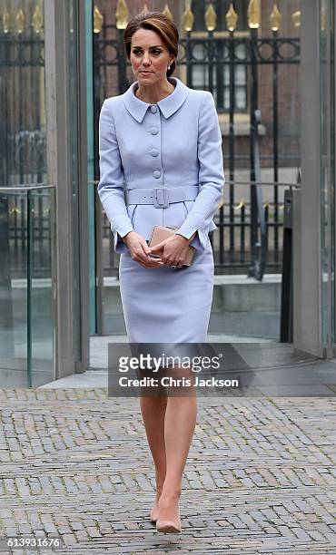 Catherine, Duchess of Cambridge leaves the Mauritshuis Gallery during a solo visit to the Hague on October 11, 2016 in the Hague, Netherlands