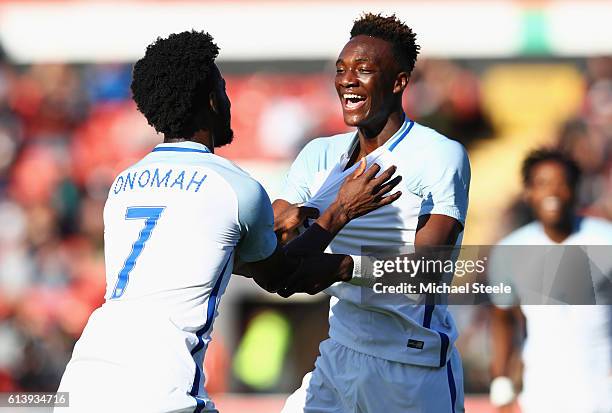 Tammy Abraham of England U21 celebrates with team mate Josh Onomah as he scores their second goal during the UEFA European U21 Championship Group 9...