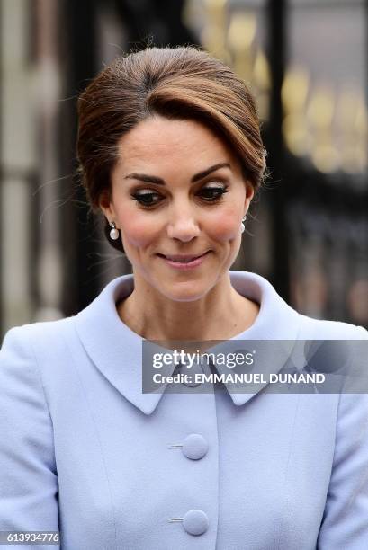 The Duchess of Cambridge leaves after visiting the exhibition "Vermeer and Contemporaries from the British Royal Collection" at The Mauritshuis, a...