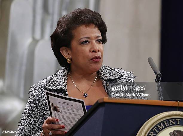 Attorney General Loretta Lynch speaks during the annual Justice Department Hispanic Heritage Month program, at the Justice Department October 11,...