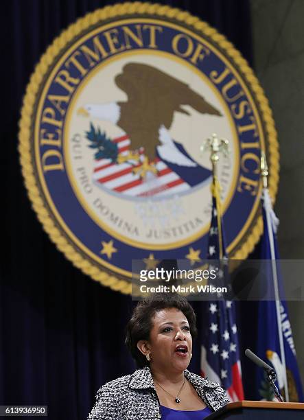 Attorney General Loretta Lynch speaks during the annual Justice Department Hispanic Heritage Month program, at the Justice Department October 11,...