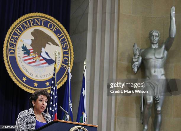 Attorney General Loretta Lynch speaks during the annual Justice Department Hispanic Heritage Month program, at the Justice Department October 11,...