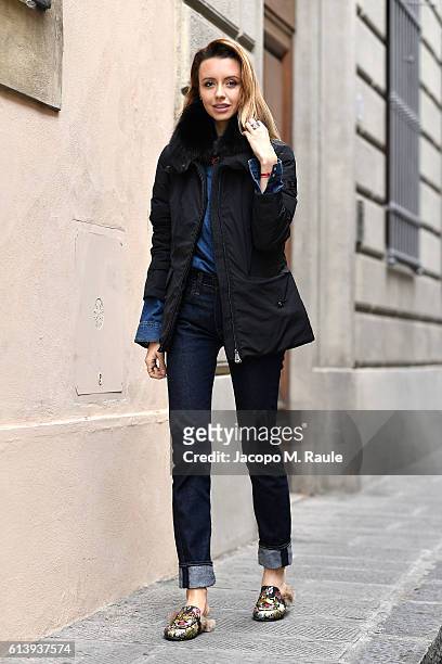 Nataly Osmann is seen wearing Peuterey "Felicity" jacket on October 9, 2016 in Florence, Italy.
