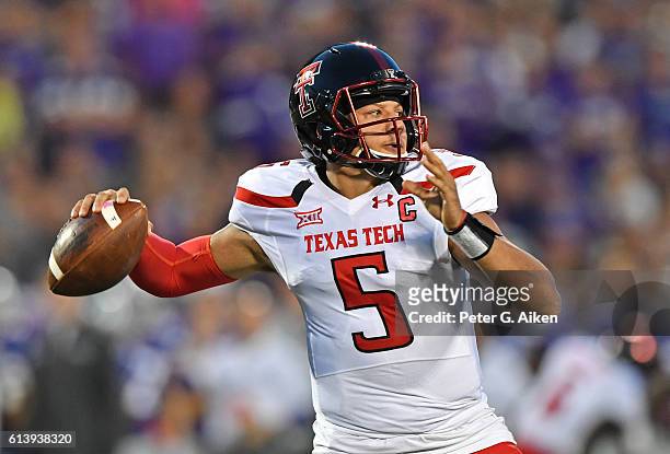 Quarterback Patrick Mahomes II of the Texas Tech Red Raiders throws a pass against the Kansas State Wildcats during the second half on October 8,...