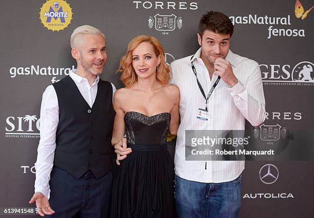 Dominic Monaghan, Ksenia Solo and Director Carles Torrens pose during a photocall for their latest movie 'Pet' at the Sitges Film Festival 2016 on...