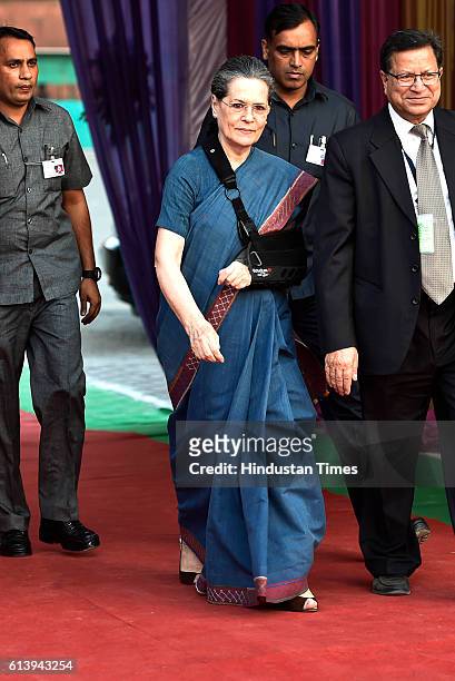 Congress President Sonia Gandhi arrives during the Dusshera celebrations at Shri Dharmic Leela Committee, on October 10, 2016 in New Delhi, India....