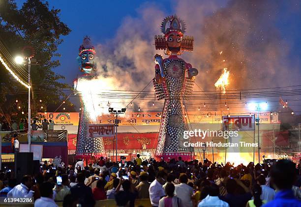 Effigies of demon Ravana, Kumbhkaran and Meghnath being set on fire during the Dusshera celebrations at Shri Dharmic Leela Committee, on October 10,...