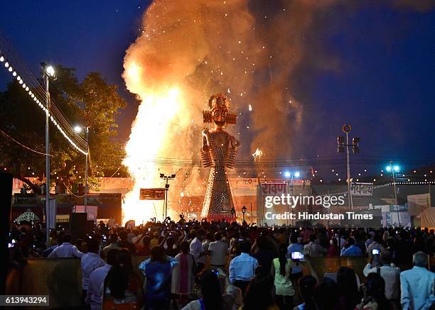 Effigies of demon Ravana, Kumbhkaran and Meghnath being set on fire during the Dusshera celebrations at Shri Dharmic Leela Committee, on October 10,...