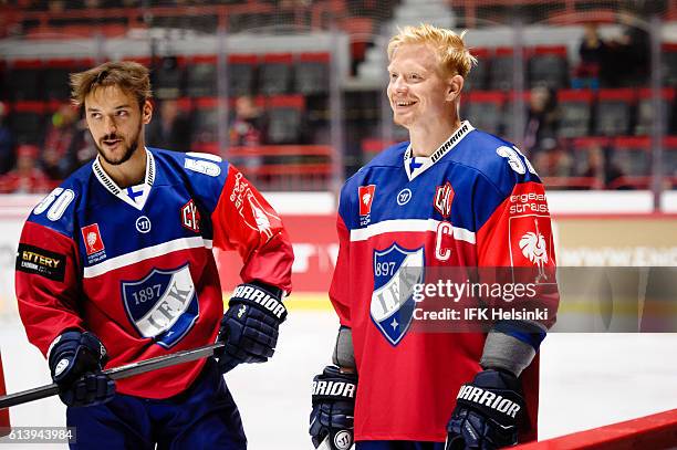 Juhamatti Aaltonen and Lennart Petrell of IFK Helsinki during the Champions Hockey League Round of 32 match between IFK Helsinki and TPS Turku at...