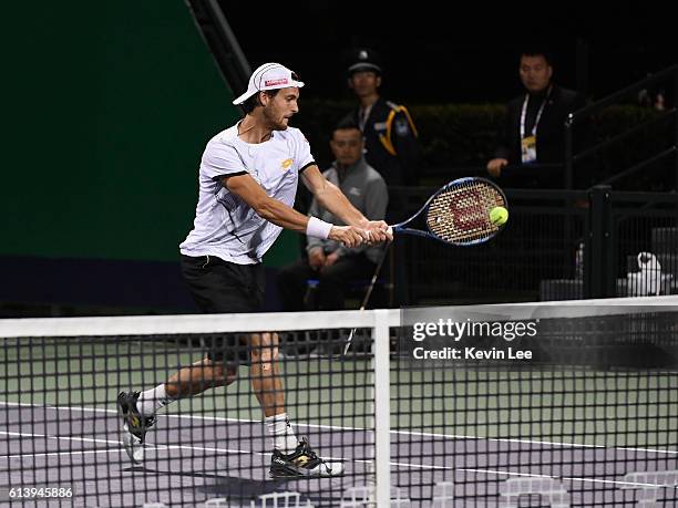 Joao Sousa of Portugal in action in a match between Martin Klizan of Slovakia and Joao Sousa of Portugal against Marcin Matkowski of Poland and...