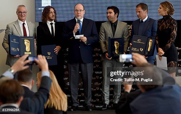 Claudio Ranieri, Carles Puyol, Deco, Prince Albert II of Monaco, Deco, Frank De Boer and Martina Colombari poose dueing the Golden Foot Ceremony...