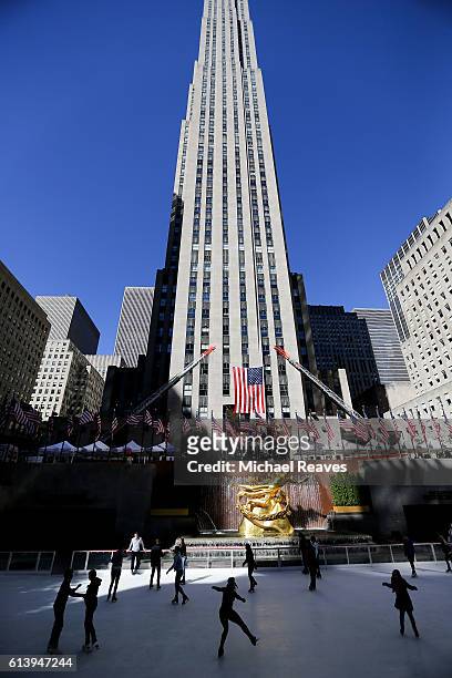 Skaters take part in the first Open Skate of the season at The Rink at Rockefeller Center on October 11, 2016 in New York City. The iconic ice rink...