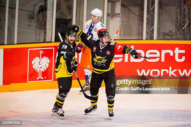 Mikael Kuronen and Etu Koski of Lappeenranta during the Champions Hockey League Round of 32 match between SaiPa Lappeenranta and Tappara Tampere at...