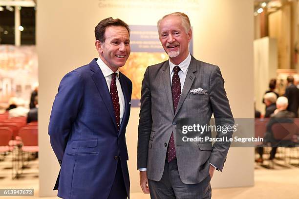 Of Sotheby's France Mario Tavella and Bertrand du Vignaud pose prior the Sotheby's Conference- Passion for Architectural Heritage at Rue Du Faubourg...