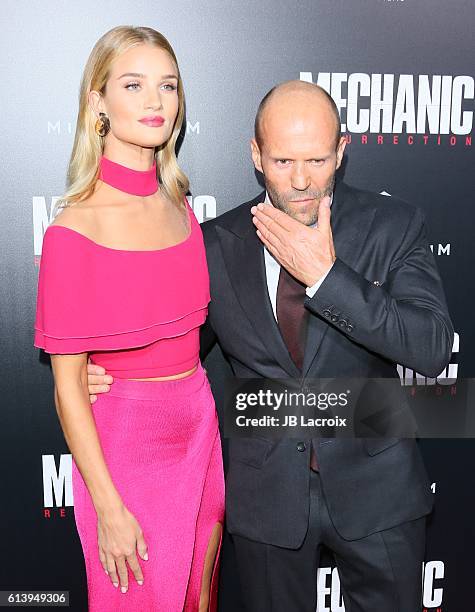 Rosie Huntington-Whiteley and Jason Statham attend the premiere of Summit Entertainment's 'Mechanic: Resurrection' on August 22, 2016 in Hollywood,...