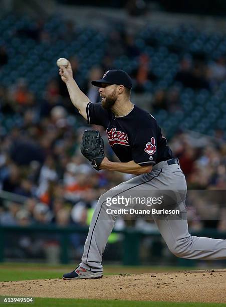 Corey Kluber of the Cleveland Indians pitches against the Detroit Tigers at Comerica Park on September 26, 2016 in Detroit, Michigan.