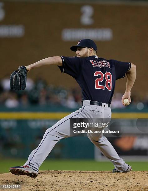 Corey Kluber of the Cleveland Indians pitches against the Detroit Tigers at Comerica Park on September 26, 2016 in Detroit, Michigan.