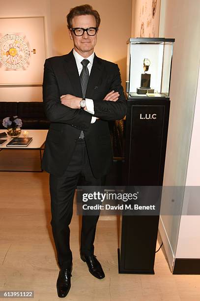 Colin Firth attends the cocktail opening of the Chopard exhibition 'L.U.C - L'art d'une Manufacture' at Phillips Gallery on October 11, 2016 in...