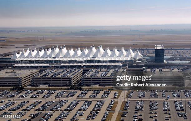 September 7, 2016: An aerial view of Denver International Airport as seen from a passenger plane landing at the airport on September 7, 2016.