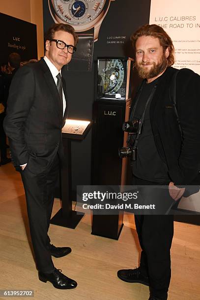 Colin Firth and Greg Williams attend the cocktail opening of the Chopard exhibition 'L.U.C - L'art d'une Manufacture' at Phillips Gallery on October...