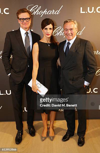 Colin Firth, Livia Firth and Karl-Friedrich Scheufele, Co-President of Chopard, attend the cocktail opening of the Chopard exhibition 'L.U.C - L'art...