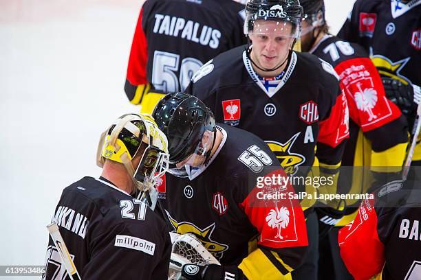 Team SaiPa of Lappeenranta celebrates win the Champions Hockey League Round of 32 match between SaiPa Lappeenranta and Tappara Tampere at Kisapuisto...